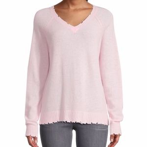 Minnie Rose Cashmere Distressed V-Neck Pullover